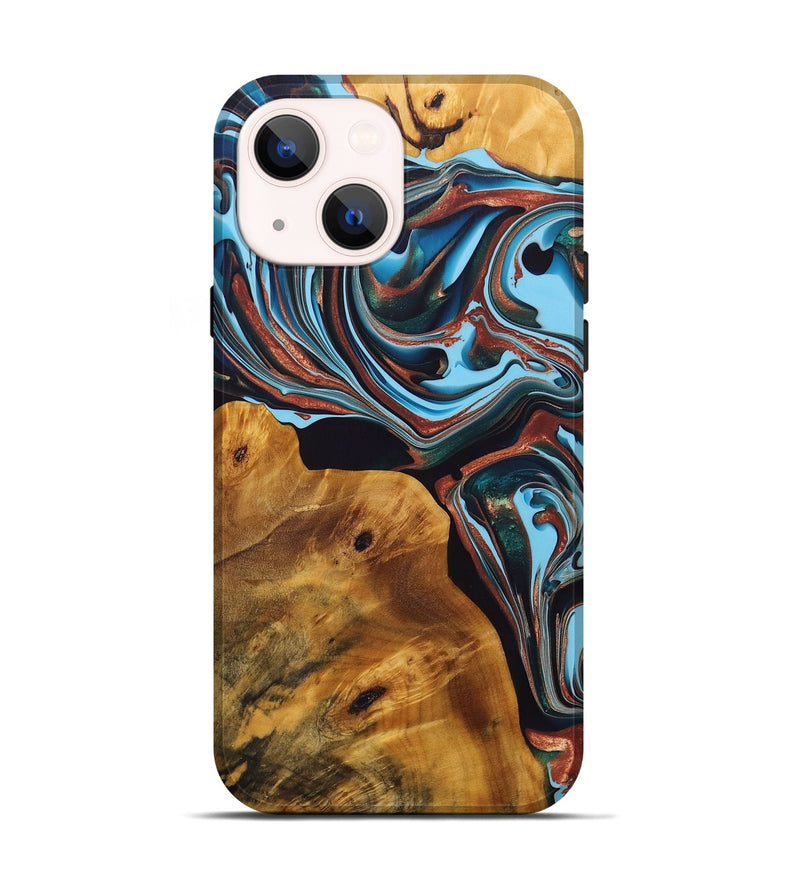 iPhone 14 Wood+Resin Live Edge Phone Case - Arturo (Teal & Gold, 696804)