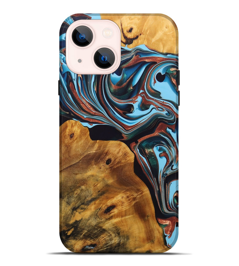 iPhone 14 Plus Wood+Resin Live Edge Phone Case - Arturo (Teal & Gold, 696804)