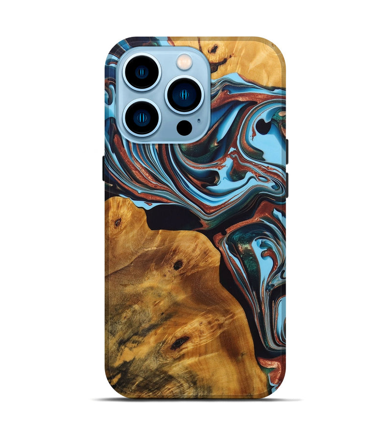 iPhone 14 Pro Wood+Resin Live Edge Phone Case - Arturo (Teal & Gold, 696804)