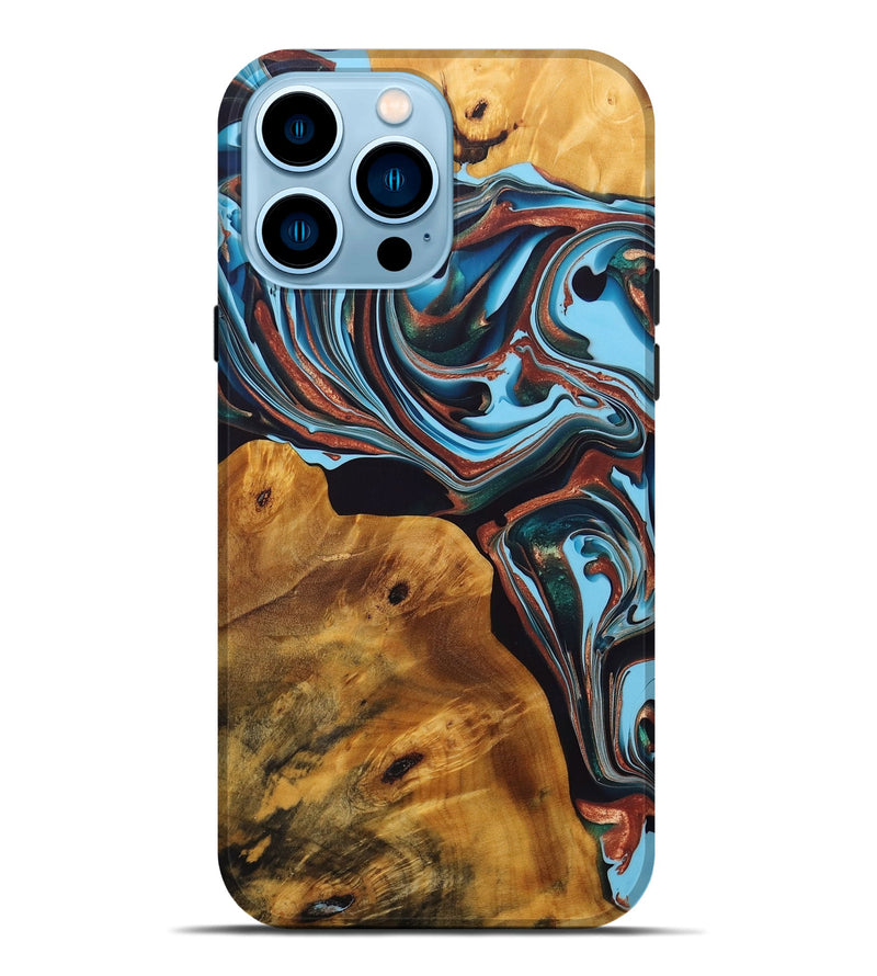 iPhone 14 Pro Max Wood+Resin Live Edge Phone Case - Arturo (Teal & Gold, 696804)