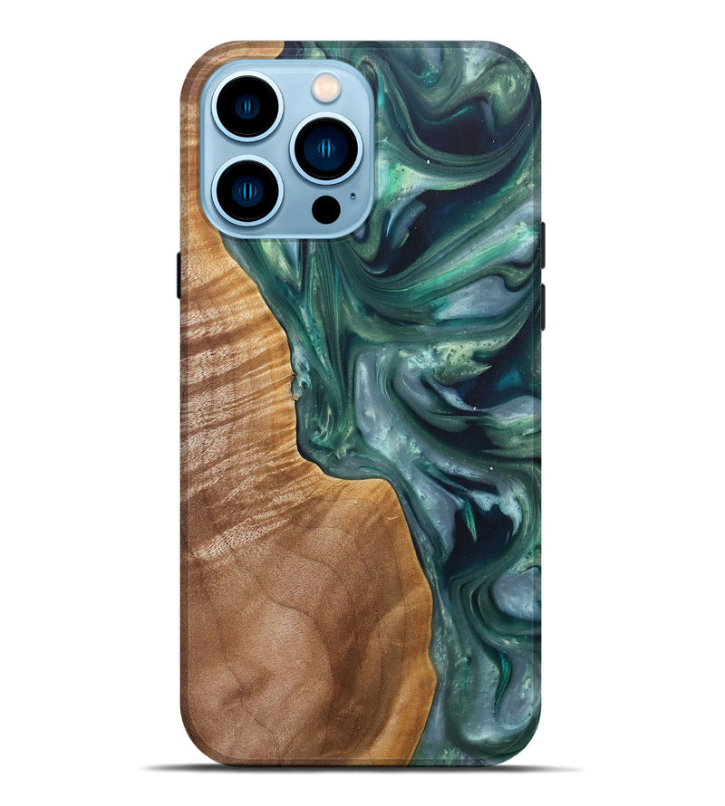 iPhone 14 Pro Max Wood+Resin Live Edge Phone Case - Jenna (Green, 696853)