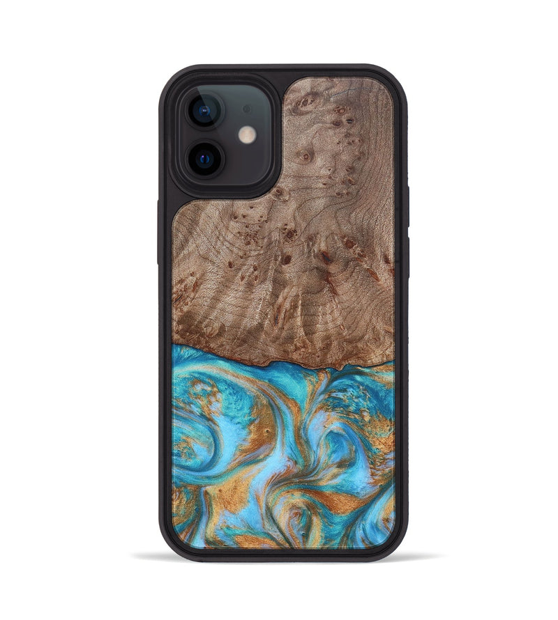iPhone 12 Wood+Resin Phone Case - Saylor (Teal & Gold, 696972)