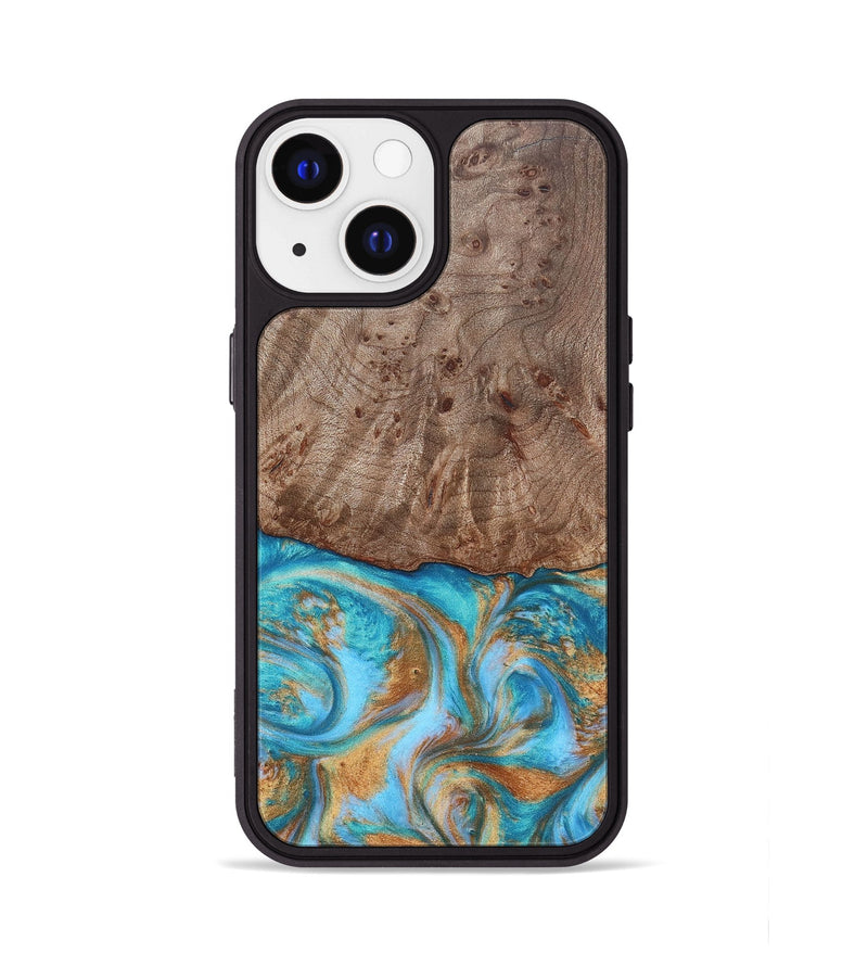 iPhone 13 Wood+Resin Phone Case - Saylor (Teal & Gold, 696972)