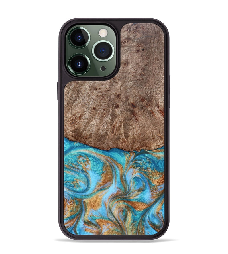iPhone 13 Pro Max Wood+Resin Phone Case - Saylor (Teal & Gold, 696972)