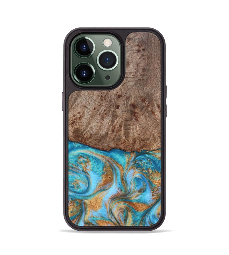 iPhone 13 Pro Wood+Resin Phone Case - Saylor (Teal & Gold, 696972)
