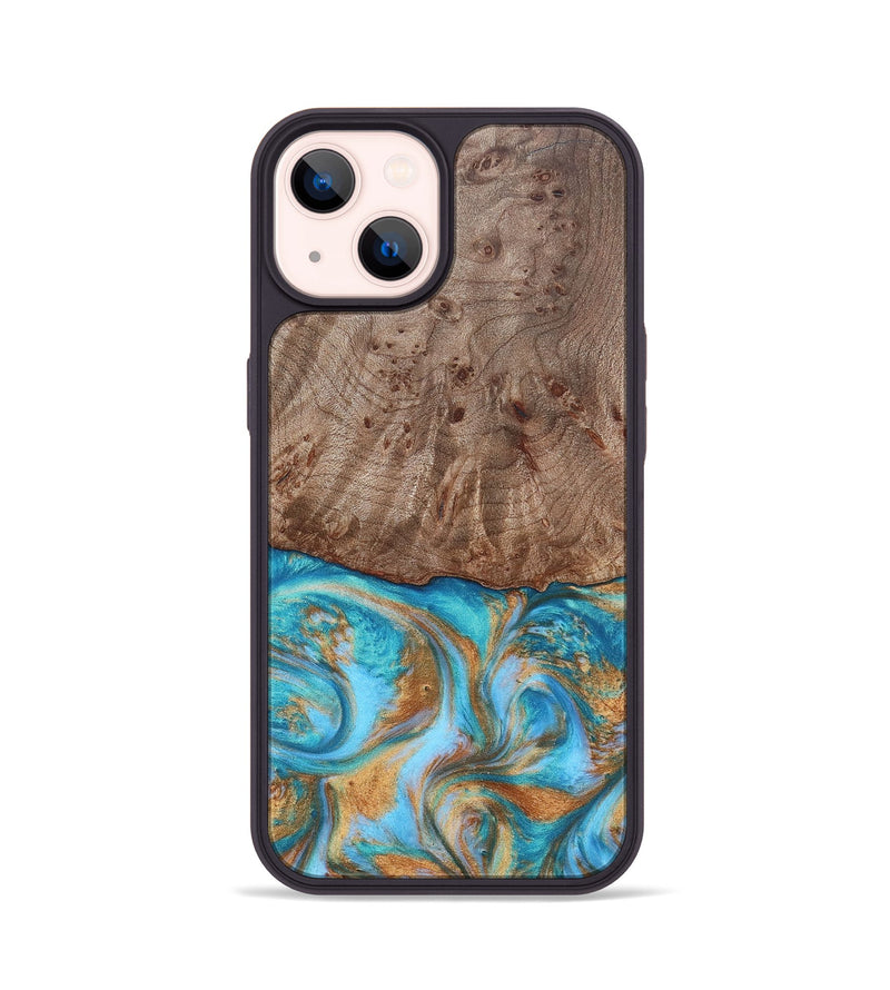 iPhone 14 Wood+Resin Phone Case - Saylor (Teal & Gold, 696972)