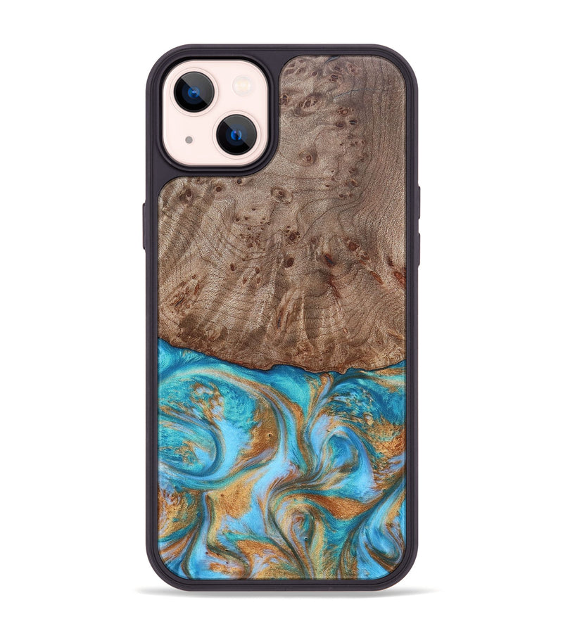 iPhone 14 Plus Wood+Resin Phone Case - Saylor (Teal & Gold, 696972)