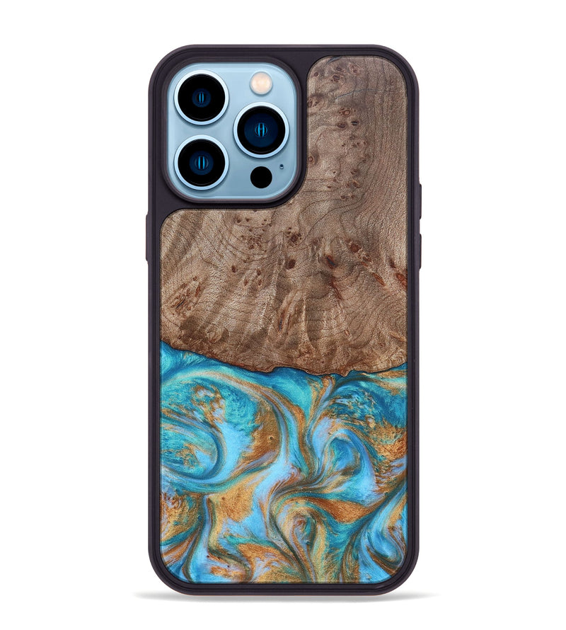 iPhone 14 Pro Max Wood+Resin Phone Case - Saylor (Teal & Gold, 696972)