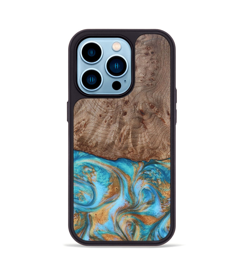 iPhone 14 Pro Wood+Resin Phone Case - Saylor (Teal & Gold, 696972)