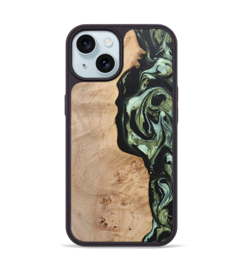 iPhone 15 Wood+Resin Phone Case - Barbara (Green, 697015)