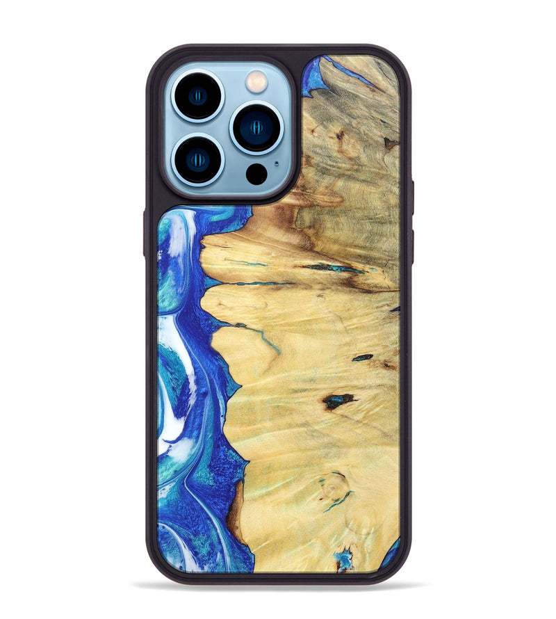 iPhone 14 Pro Max Wood+Resin Phone Case - Marguerite (Blue, 697032)
