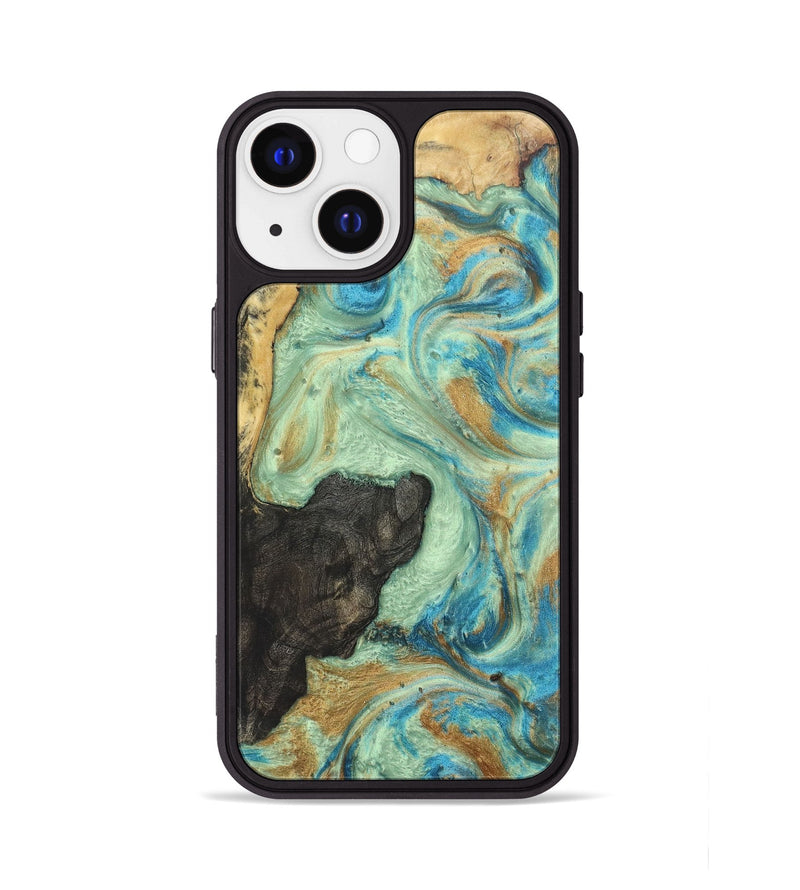 iPhone 13 Wood+Resin Phone Case - Kenzie (Teal & Gold, 697077)