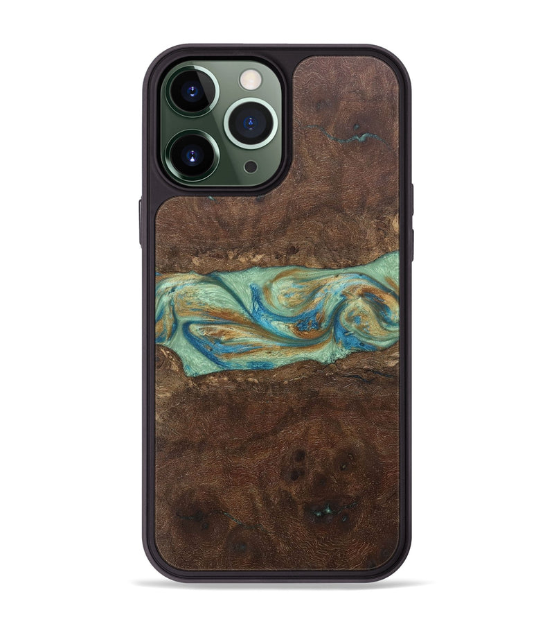 iPhone 13 Pro Max Wood+Resin Phone Case - Meredith (Teal & Gold, 697078)