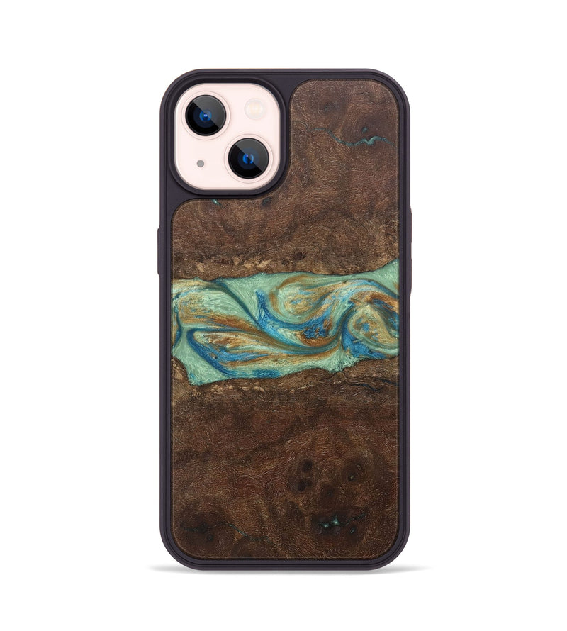 iPhone 14 Wood+Resin Phone Case - Meredith (Teal & Gold, 697078)