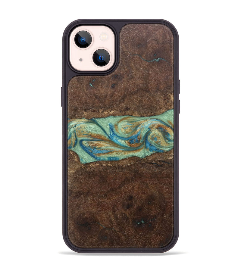 iPhone 14 Plus Wood+Resin Phone Case - Meredith (Teal & Gold, 697078)