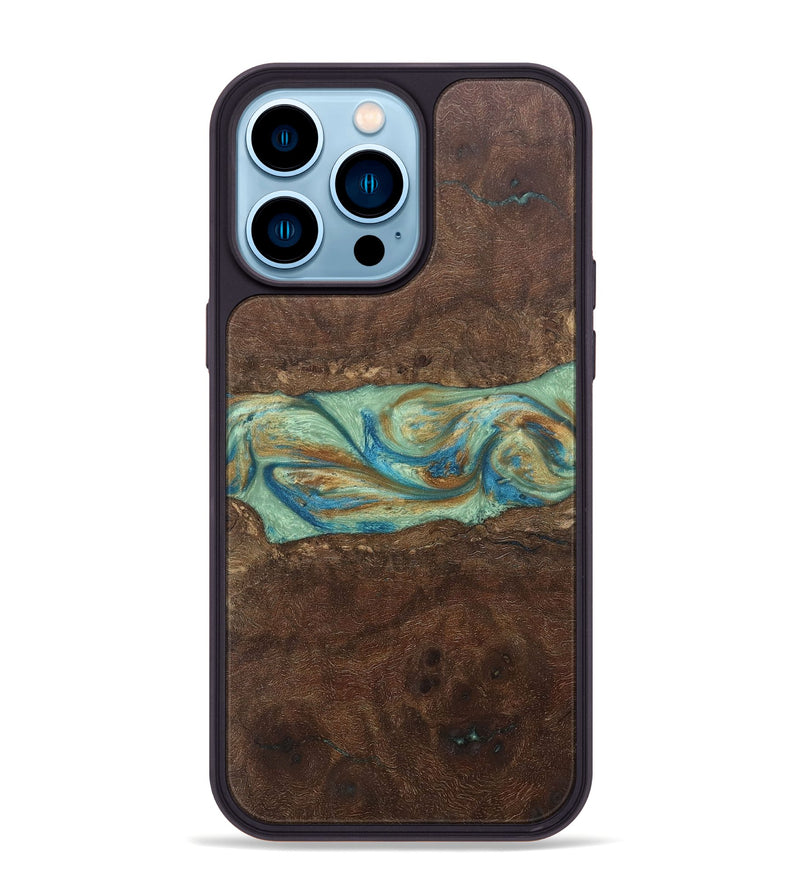 iPhone 14 Pro Max Wood+Resin Phone Case - Meredith (Teal & Gold, 697078)