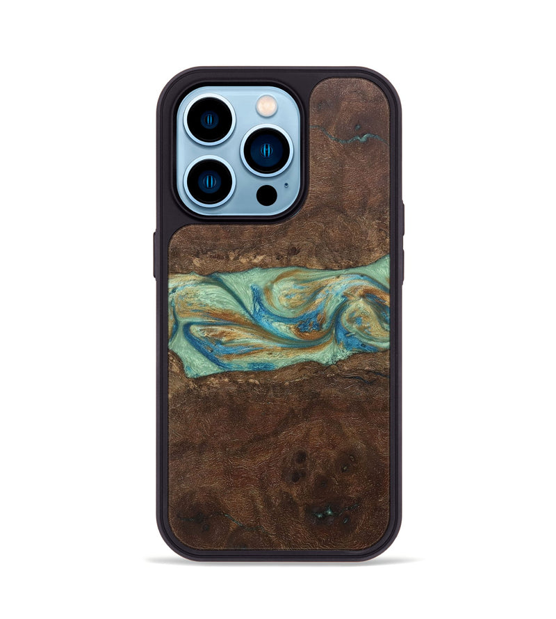 iPhone 14 Pro Wood+Resin Phone Case - Meredith (Teal & Gold, 697078)