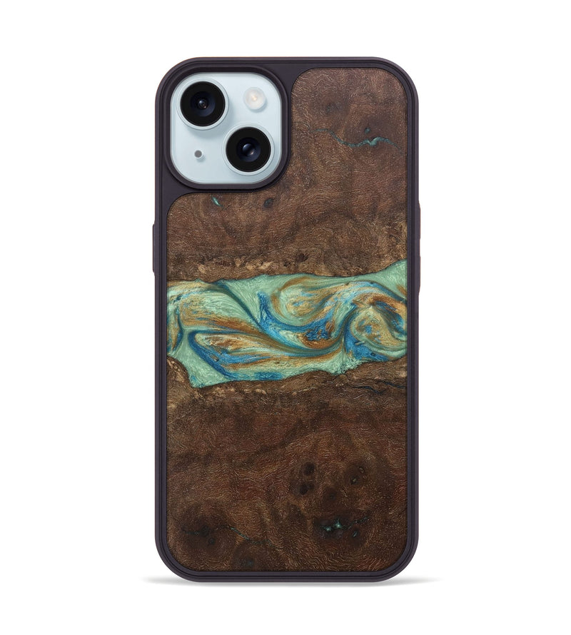 iPhone 15 Wood+Resin Phone Case - Meredith (Teal & Gold, 697078)