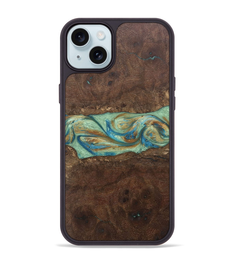 iPhone 15 Plus Wood+Resin Phone Case - Meredith (Teal & Gold, 697078)