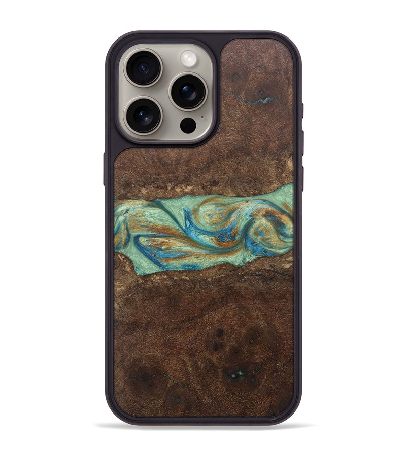 iPhone 15 Pro Max Wood+Resin Phone Case - Meredith (Teal & Gold, 697078)