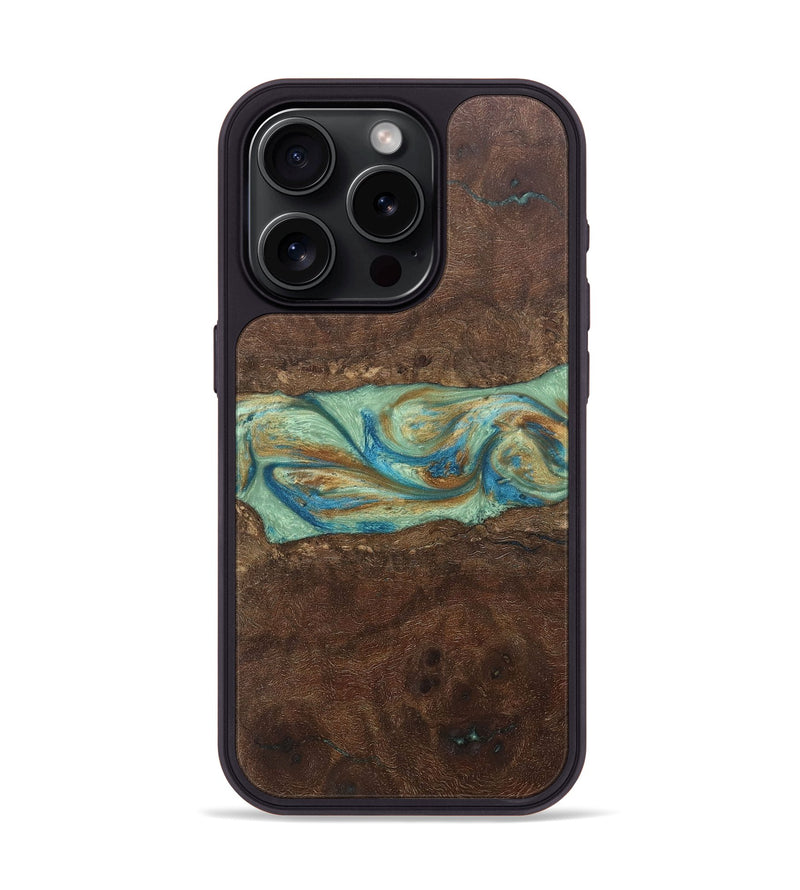 iPhone 15 Pro Wood+Resin Phone Case - Meredith (Teal & Gold, 697078)