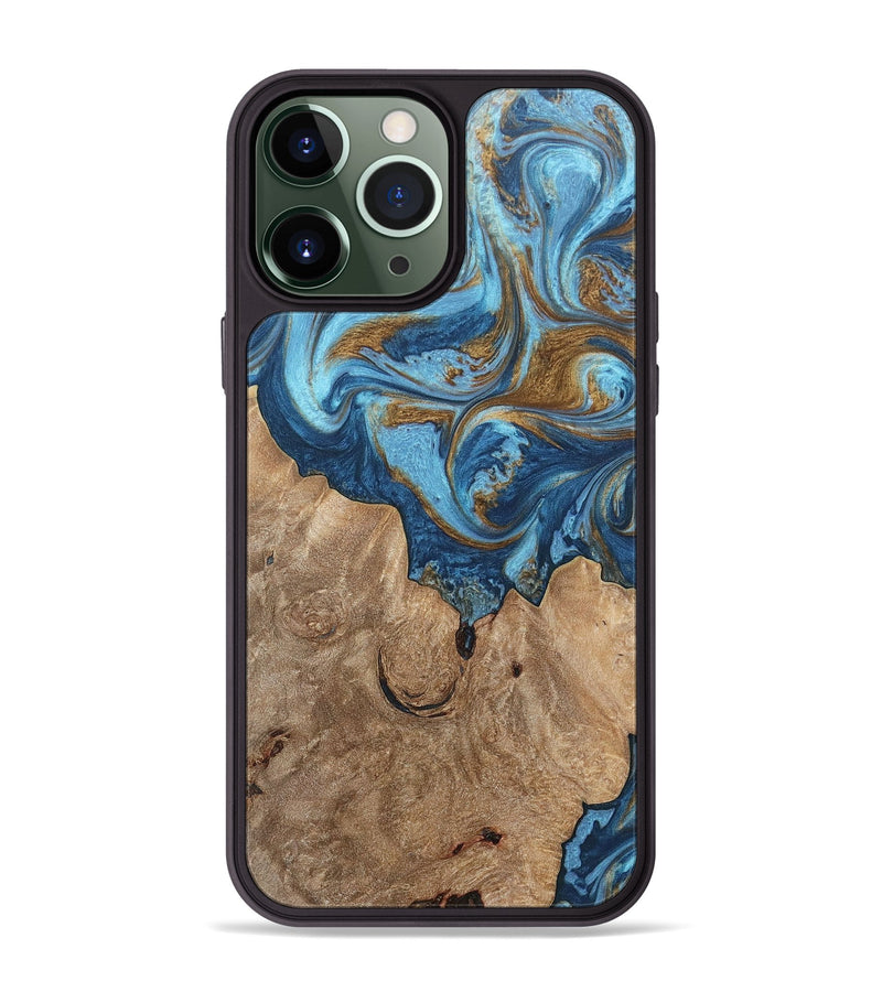 iPhone 13 Pro Max Wood+Resin Phone Case - Devon (Teal & Gold, 697080)