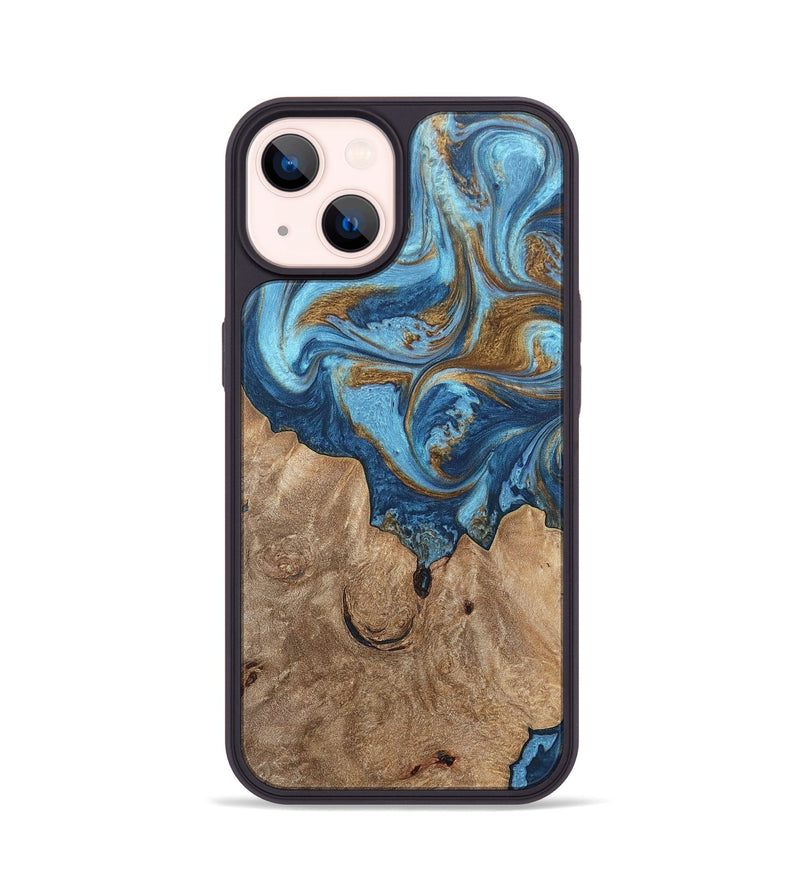 iPhone 14 Wood+Resin Phone Case - Devon (Teal & Gold, 697080)