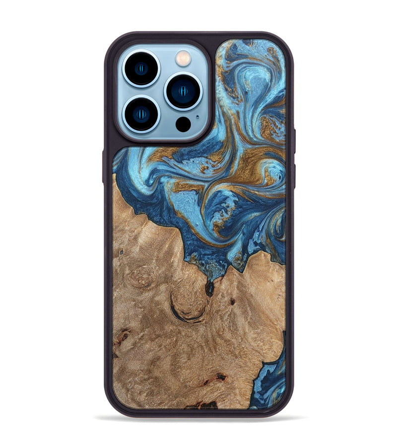 iPhone 14 Pro Max Wood+Resin Phone Case - Devon (Teal & Gold, 697080)