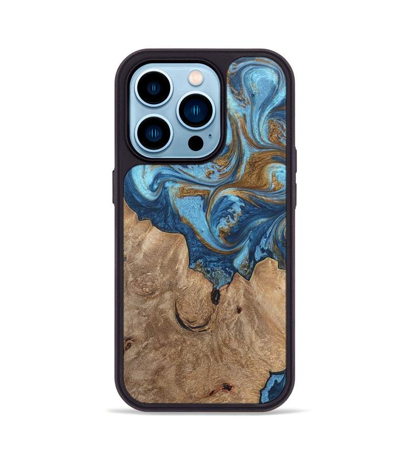 iPhone 14 Pro Wood+Resin Phone Case - Devon (Teal & Gold, 697080)