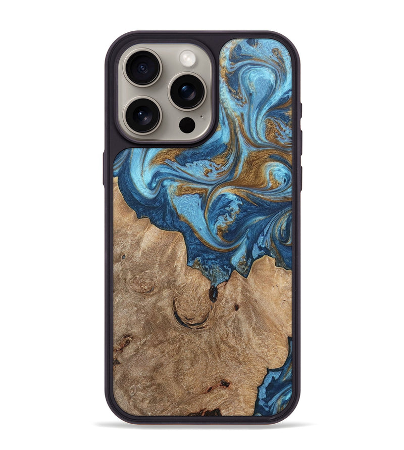 iPhone 15 Pro Max Wood+Resin Phone Case - Devon (Teal & Gold, 697080)