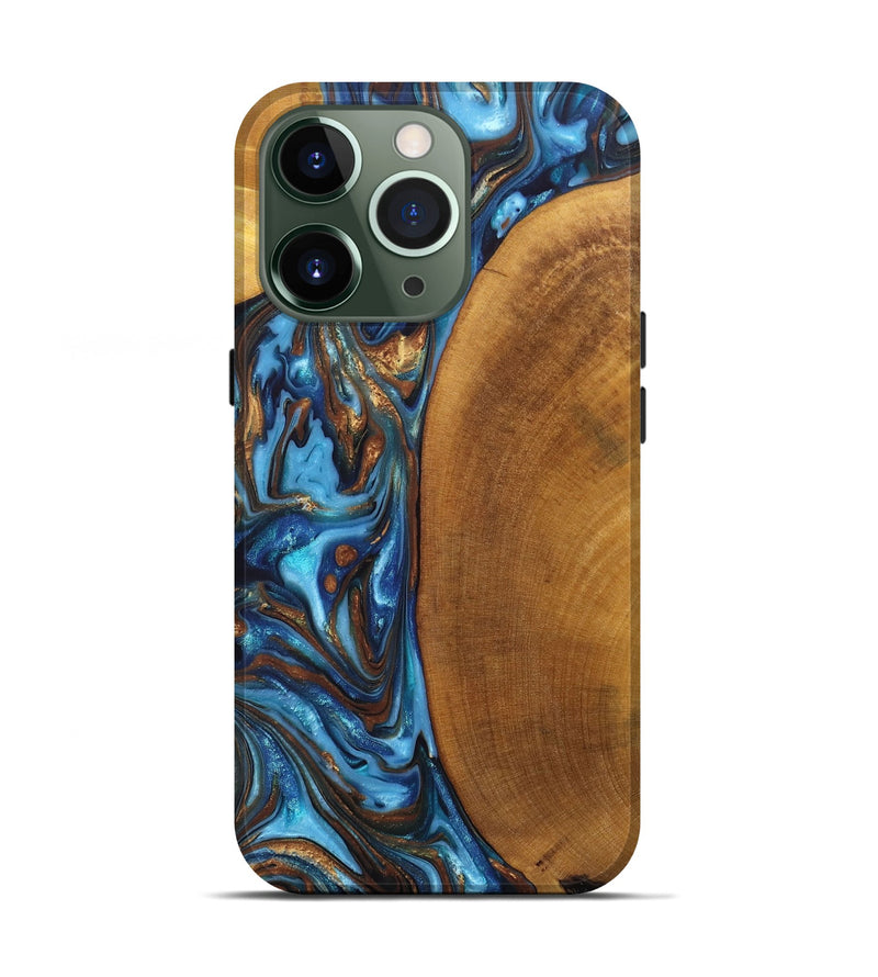 iPhone 13 Pro Wood+Resin Live Edge Phone Case - Gianni (Teal & Gold, 697333)