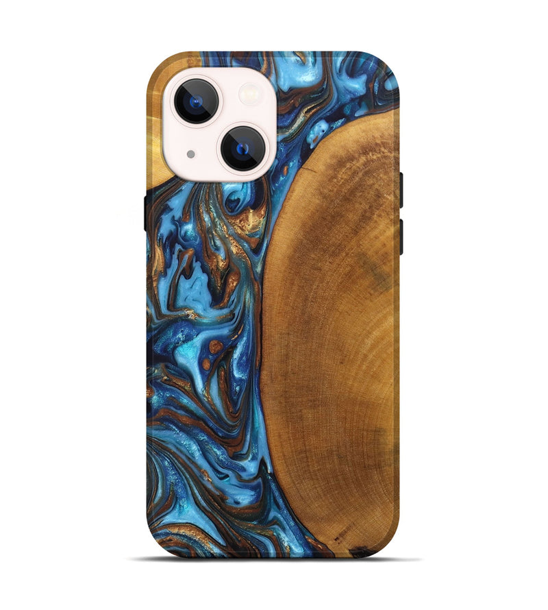 iPhone 14 Wood+Resin Live Edge Phone Case - Gianni (Teal & Gold, 697333)
