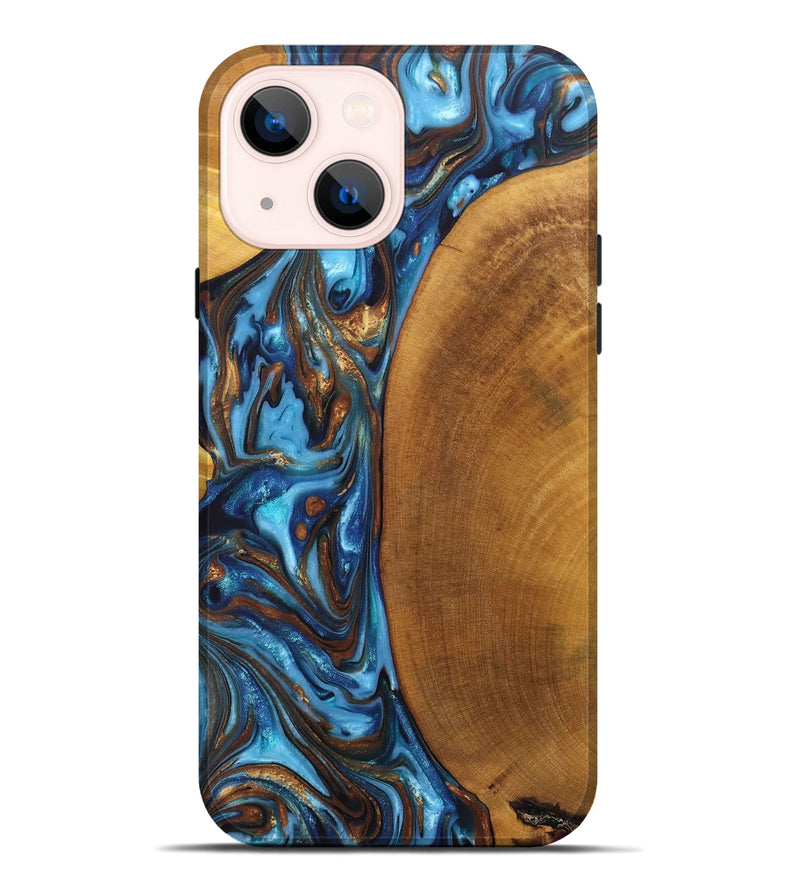 iPhone 14 Plus Wood+Resin Live Edge Phone Case - Gianni (Teal & Gold, 697333)