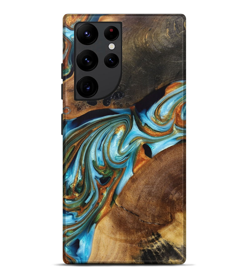 Galaxy S22 Ultra Wood+Resin Live Edge Phone Case - Leroy (Teal & Gold, 697335)