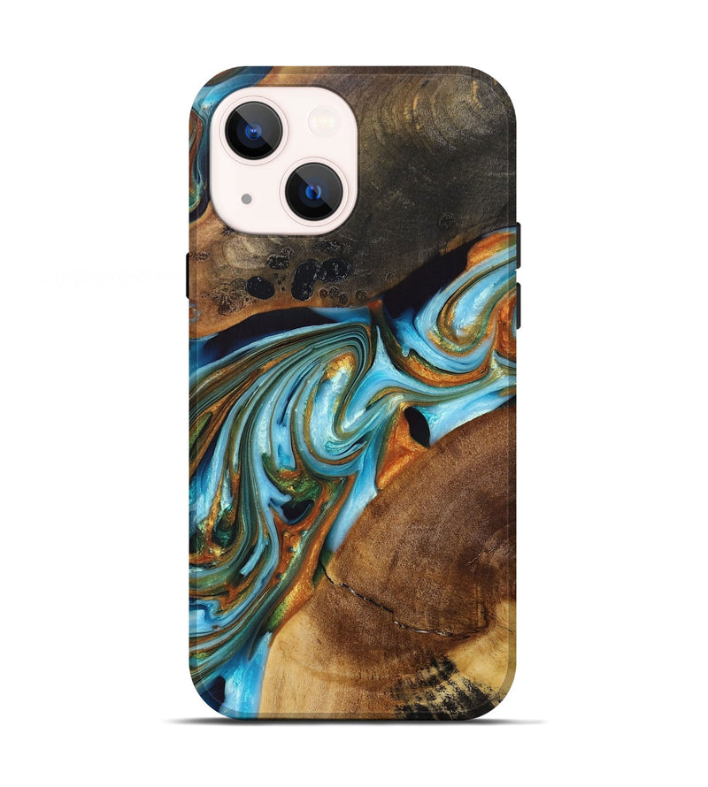 iPhone 13 Wood+Resin Live Edge Phone Case - Leroy (Teal & Gold, 697335)
