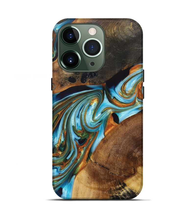 iPhone 13 Pro Wood+Resin Live Edge Phone Case - Leroy (Teal & Gold, 697335)