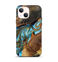 iPhone 14 Wood+Resin Live Edge Phone Case - Leroy (Teal & Gold, 697335)