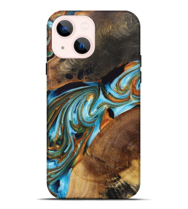 iPhone 14 Plus Wood+Resin Live Edge Phone Case - Leroy (Teal & Gold, 697335)
