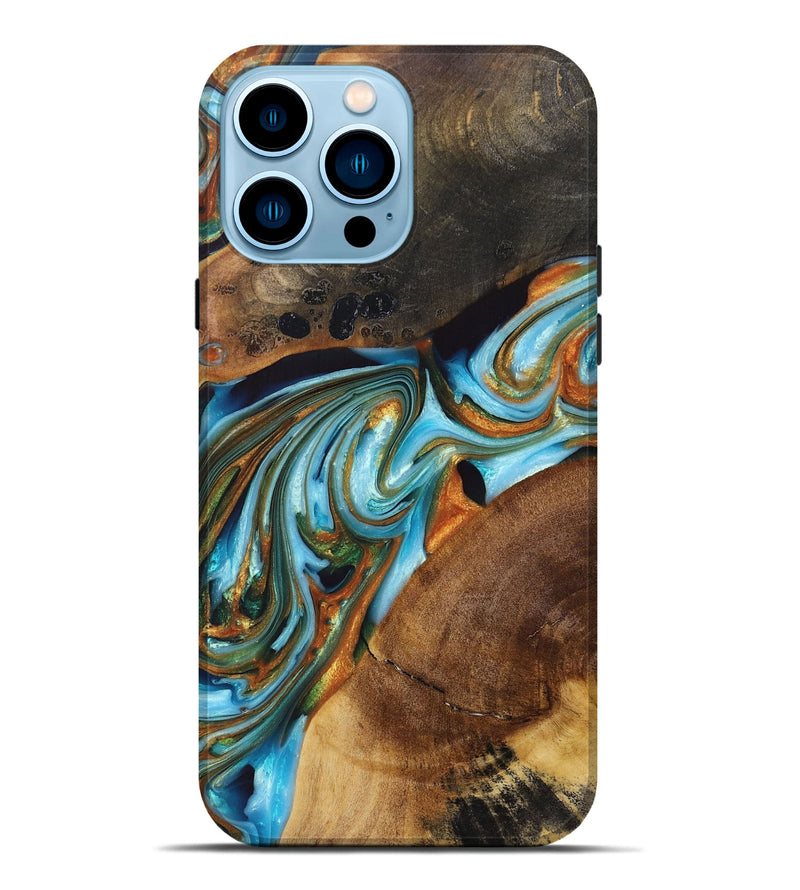 iPhone 14 Pro Max Wood+Resin Live Edge Phone Case - Leroy (Teal & Gold, 697335)