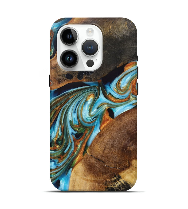 iPhone 15 Pro Wood+Resin Live Edge Phone Case - Leroy (Teal & Gold, 697335)