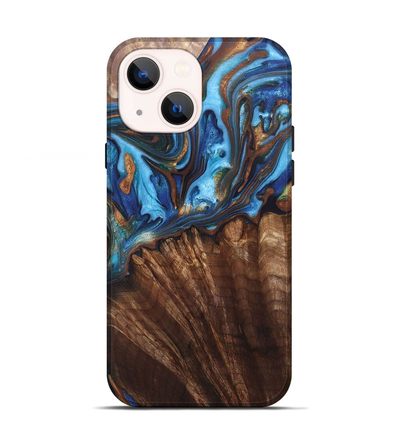 iPhone 13 Wood+Resin Live Edge Phone Case - Heidi (Teal & Gold, 697338)
