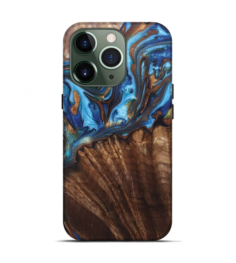 iPhone 13 Pro Wood+Resin Live Edge Phone Case - Heidi (Teal & Gold, 697338)