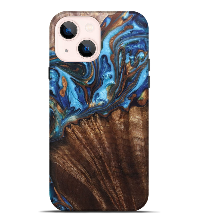 iPhone 14 Plus Wood+Resin Live Edge Phone Case - Heidi (Teal & Gold, 697338)
