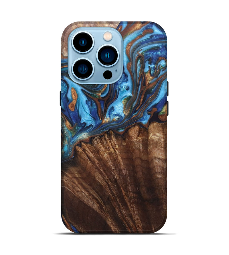 iPhone 14 Pro Wood+Resin Live Edge Phone Case - Heidi (Teal & Gold, 697338)