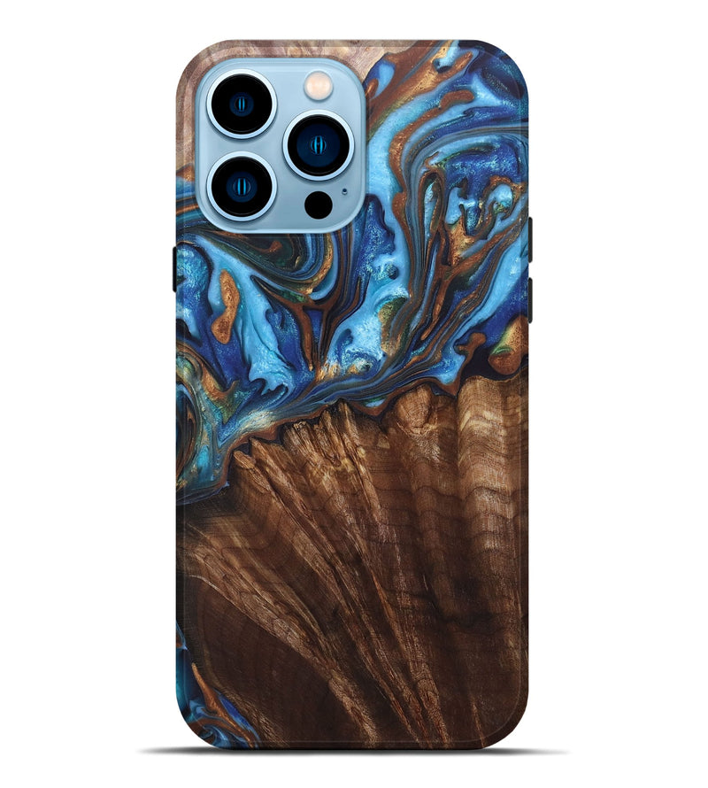 iPhone 14 Pro Max Wood+Resin Live Edge Phone Case - Heidi (Teal & Gold, 697338)