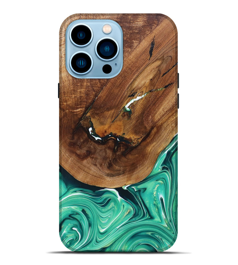 iPhone 14 Pro Max Wood+Resin Live Edge Phone Case - Freya (Green, 697418)