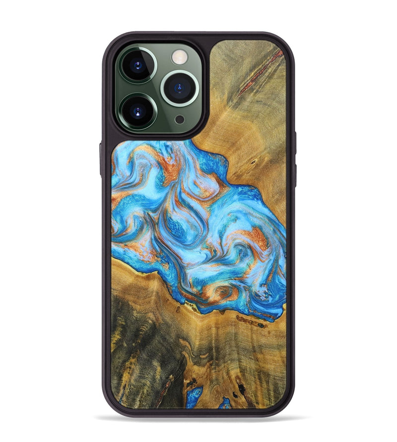 iPhone 13 Pro Max Wood+Resin Phone Case - Reginald (Teal & Gold, 697464)