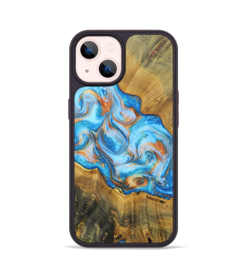 iPhone 14 Wood+Resin Phone Case - Reginald (Teal & Gold, 697464)