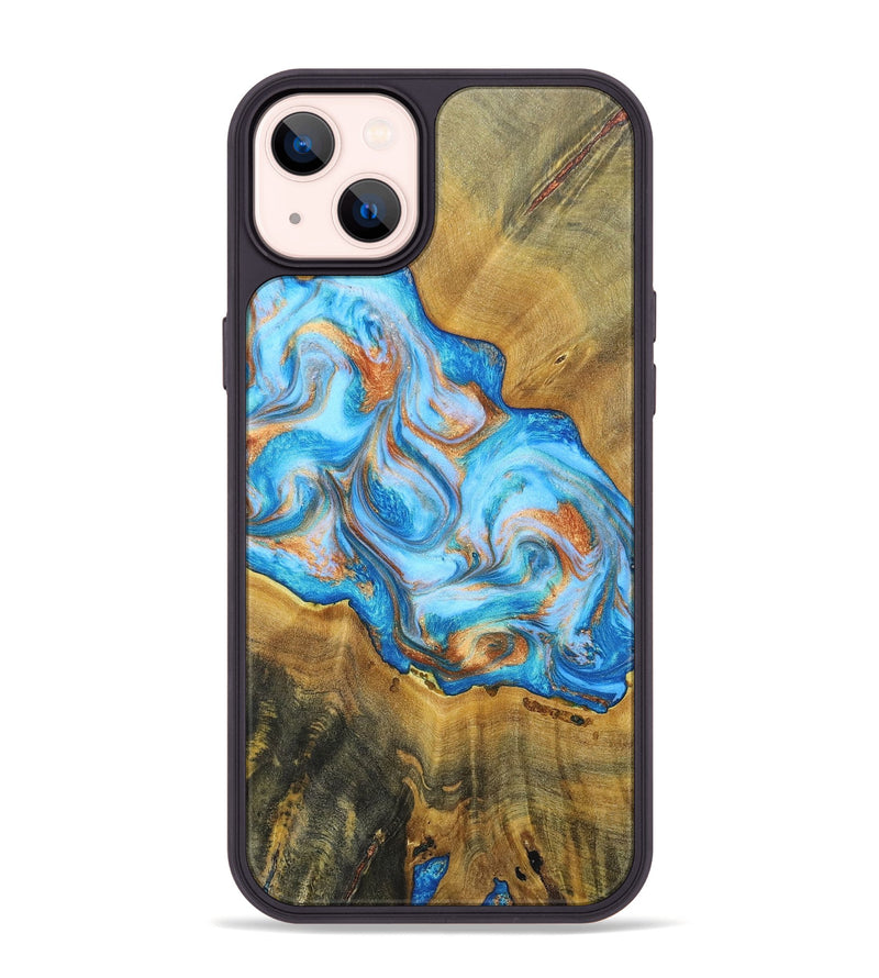 iPhone 14 Plus Wood+Resin Phone Case - Reginald (Teal & Gold, 697464)