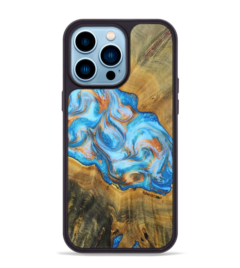 iPhone 14 Pro Max Wood+Resin Phone Case - Reginald (Teal & Gold, 697464)
